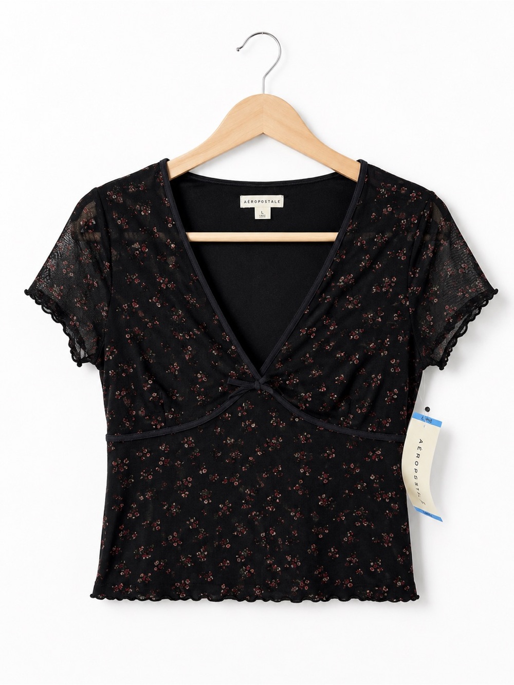 Aeropostale Black Sheer Floral Mesh Baby Tee NWT Large Y2K Fairy Grunge
